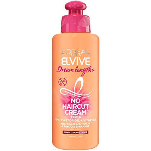 L’Oreal Paris Elvive Dream Lengths No Haircut Cream Leave in Conditioner With Fine Castor Oil, Vitamins B3, B5 for Long, Damaged Hair, Helps Seal Split Ends and Reduces Breakage With System 6.8 FL Oz