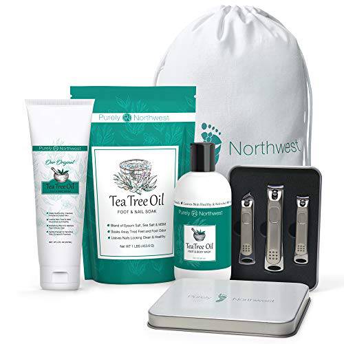 Tea Tree Gift Set for Sore, Overworked & Calloused Feet-Softens & Hydrates. A refreshing blend of Tea Tree & Peppermint Oils Includes: Tea Tree Wash, Soak, Cream & Nail Clippers by Purely Northwest