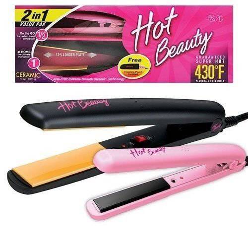 Hot Beauty Ceramic Flat Irons 2-in-1 Value Pack 1 and Mini 1/2 with Free Travel Pouch