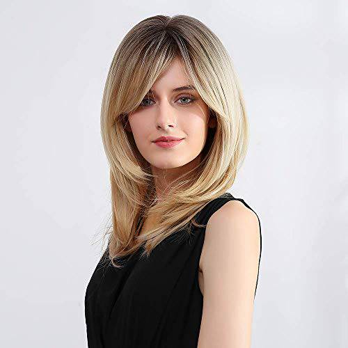 FORCUTEU Blonde Wigs with Side Bangs Long Straight layered Wigs for Women Blonde Synthetic Wigs for Daily Wear Natural Looking Heat Resistant Wig (Ombre Blonde)