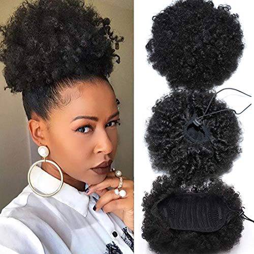Rebeauty Curly Synthetic Puff Ponytail for Women,Afro Kinky Hair Bun Extension Donut Chignon Hairpieces with Drawstrings and 4 Clips Large Size Natural Black Color Updo Puff