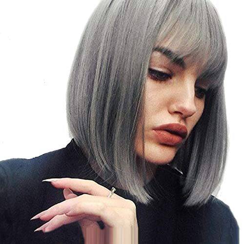 Silver Gray Short Bob Wig with Bangs Straight Wig Heat Resistant Fiber Synthetic Color Wigs for Women Halloween Cosplay and Daily Use with Free Wig Cap(12 inch Gray)