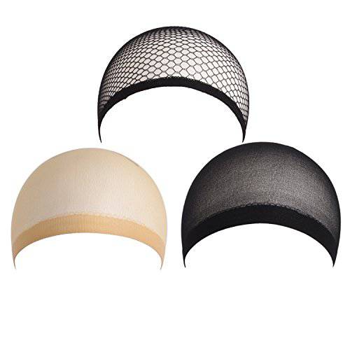 MapofBeauty 3 Pieces One Size Wig Caps (1 Beige Yellow Nylon Hair Net + 1 Black Nylon Hair Net + 1 Black Elastic Hair Mesh)