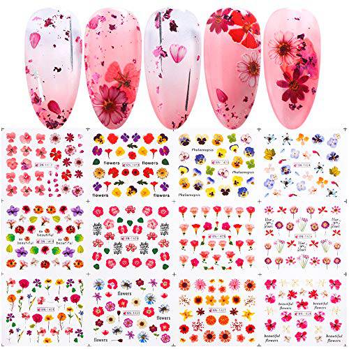 Macute Valentines Nail Stickers Nail Decals 12 Sheets Blossom Designs Nail Tattoo Sliders Colorful Water Transfer Flowers for Women Girls DIY Nail Arts Decorations