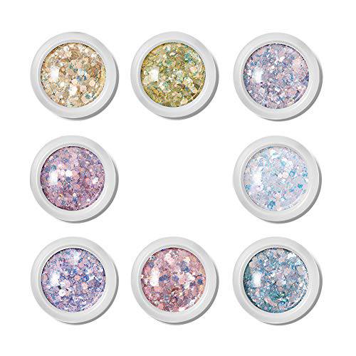 Laza [Upgraded Packaging] 8 Color Glitter Nail Art Acrylic Nails Powder Mixed Polish Chunky Sequins Iridescent Flakes Ultra-Thin Paillette Sparkles Tips for Festival Arts Face Eyes Body