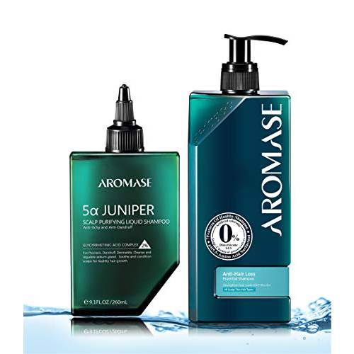 AROMASE Volumizing Essential Shampoo Kit for Thinning Hair with Natural DHT blocker 5α Avocuta, Scalp Deep Cleanser+Scalp Shampoo, for Oily, Thinning Hair(Juniper Liquid Shampoo+ Hair Voluming Shampoo