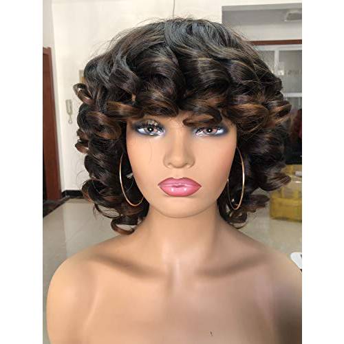 ANNIVIA Short Afro Curly Wigs with Bangs for Women Kinky Curly Hair Wig 2 Tone Ombre Dark Brown Big Bouncy Fluffy Curly Wig