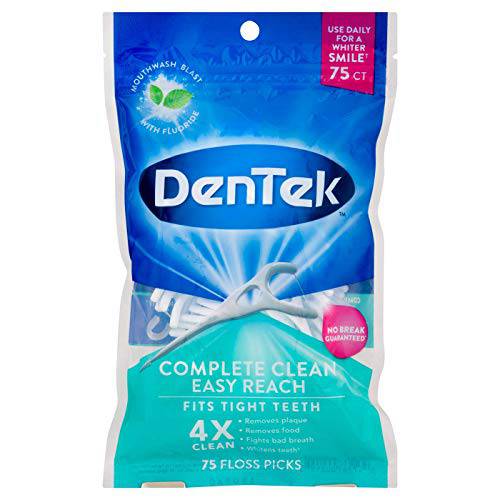 DenTek Complete Clean Easy Reach Floss Picks, No Break & No Shred Floss, 75 Count