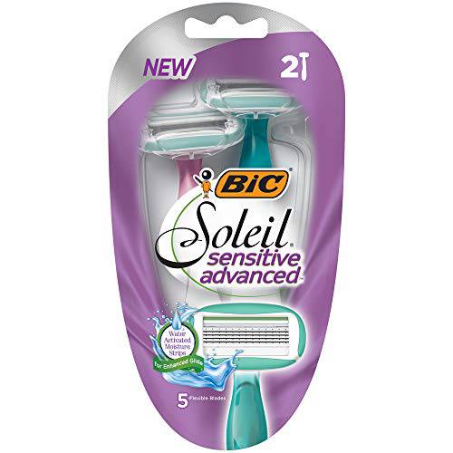 BIC Soleil Sensitive Advanced Women’s Disposable Razor, Five Blade, 2 Count, for a Flawlessy Smooth Shave, Green