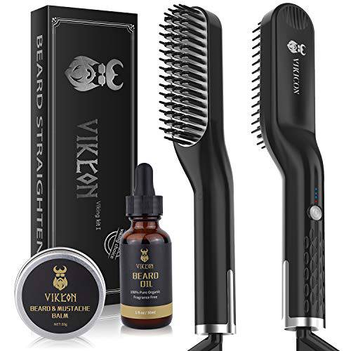 Beard Straightener for Men with FREE Beard Oil and Beard Balm, Fast Anti-Scald Beard Straightening Comb, Double Sided Ceramic Heated Beard Brush 3 Temperature Settings Portable for Travel and Home