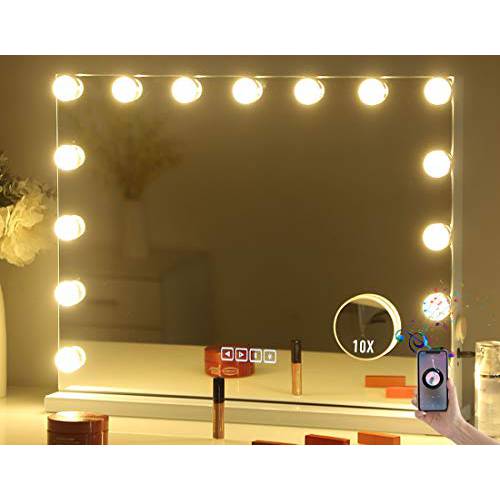 Hansong Vanity Mirror with Lights and Bluetooth Hollywood Makeup Mirror with Bluetooth and 15 LED Bulbs Lighted Vanity Bluetooth Mirror 3 Lighting Modes White