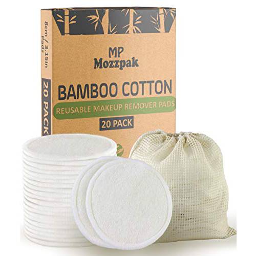 MP MOZZPAK (20 Pack) Reusable Makeup Remover Pads | Bamboo Cotton Rounds for Toner with Laundry Bag | Washable, Eco-Friendly Face Cleansing Wipes and Organic Pad for All Skin Types