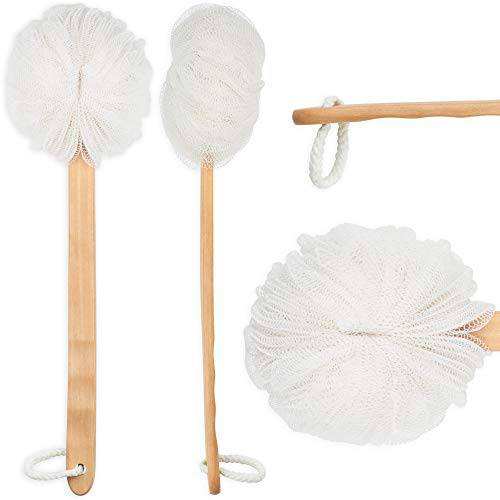 DecorRack Bath Sponge with Wooden Handle, Shower Loofah Brush, Back Cleaning Scrubber, Long Curved Handle, Exfoliate, Rejuvenate Skin, Body Bathing Sponge with Large Mesh Pouf (1 Pack)