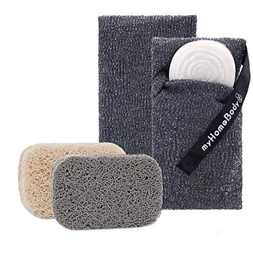 myHomeBody Soap Pocket Exfoliating Soap Saver Pouch | Body Scrubber Sponge, Exfoliator for Bath or Shower | for Large Bar Soap or Leftover Bits | Graphite Gray, 2 Pack + 2 Soap Lifting Pads