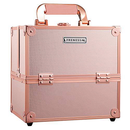 Frenessa Makeup Train Case Rose Gold Cosmetic Travel Box Beauty Makeup Organizer Case 4 Trays Rose Gold Makeup Storage Jewelry Organizer with Lockable Portable for Women Makeup Artist, Craft, Nail Kit Tools Cosmetic Case Box