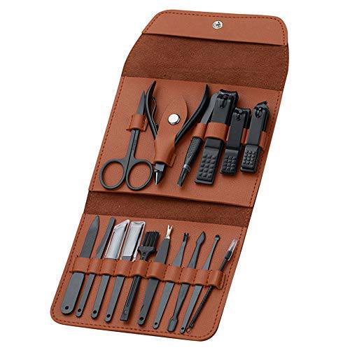 16 Pieces Manicure Set, Pedicure Kit, Nail Clippers, Stainless Steel Professional Personal Care Tool Kit, Nail Tools with Brown Leather Case, Gifts for Men