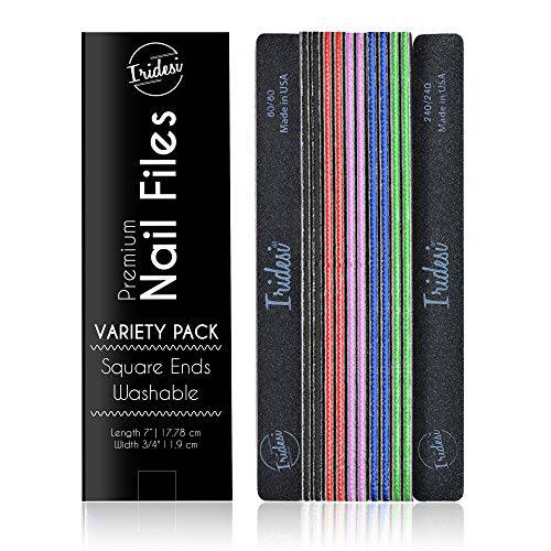 Professional Nail Files Black Color Coded Center Washable Emery Boards 7 Inches Long Square End Serrated Edge 12 Fingernail Files Per Pack (Assorted)