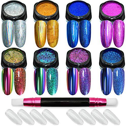 Nail Powder WENIDA 8 Jar Holographic Chameleon Chrome Mirror Laser Synthetic Resin Pigment with 8 False Nails and Silicone Nail Brush for Manicure Decoration