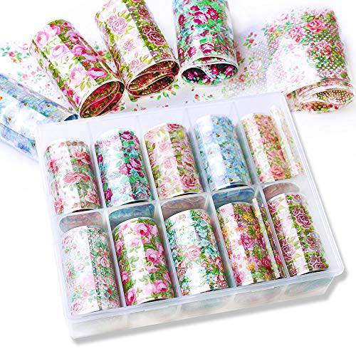 SILPECWEE 10 Rolls Starry Sky Nail Art Foil Sticker Colorful Flower Rose Nail Transfer Decals Manicure Accessories (1.57inches×39.4inches)