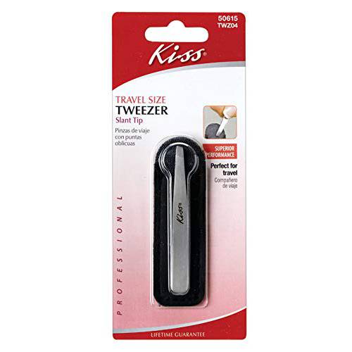 Kiss Travel Size Slant Tip Tweezer with Pouch, Ultra-fine precision tip, Stainless steel (TWZ04)