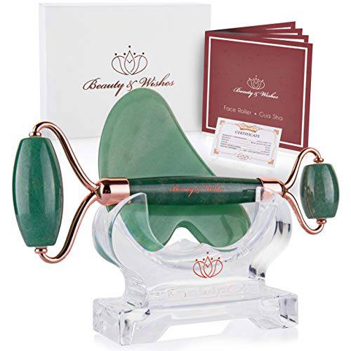 Jade Roller and Gua Sha Massager kit Set for Face with CounterTop Stand - Grade A - Authentic Brazilian Stone Helps Reducing Puffiness, Wrinkles, Fine Lines, Skin Circulation, Drainage and Elasticity