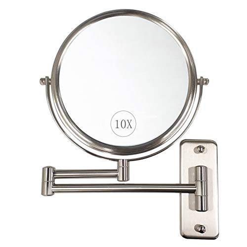 ALHAKIN Wall Mounted Makeup Mirror - 10x Magnification 8’’ Two-Sided Swivel Extendable Bathroom Mirror Nickel Finish