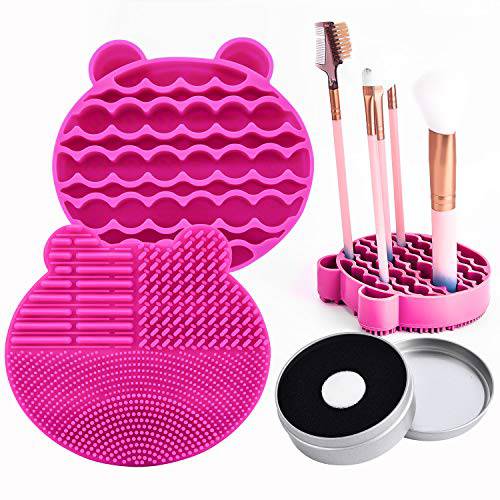Silicon Makeup Brush Cleaning Mat with Drying Holder Brush Cleaner Mat Portable Bear Shaped Cosmetic Brush Cleaner Pad+Makeup Brush Dry Cleaned Quick Color Removal Sponge Scrubber Tool (Rose Red)