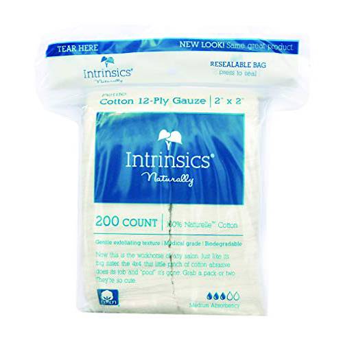 Intrinsics Petite Cotton 12-Ply Gauze - 2x2, Med-Esthetic 100% Naturelle Cotton, 200 Count