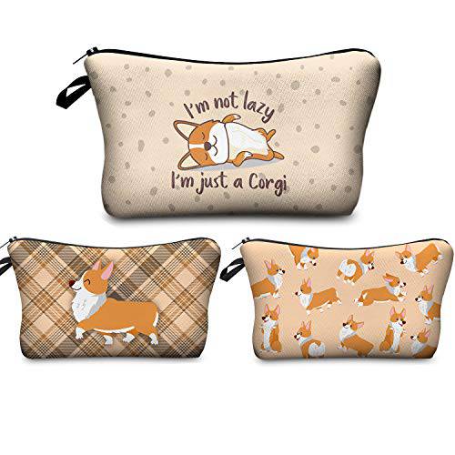 FITINI Makeup Bag Funny,Corgi Dogs Travel Small Cosmetic Bags Organizer for Women Handbag Toiletry Storage Pouch Waterproof Purse,Set of 3