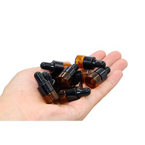 30Pcs Amber Glass Dropper Bottles Mini Empty Sample Vials Essential Oil Dropping Bottles Perfume Jars Cosmetic Container with Glass Eye Dropper and Black Caps (1ml)
