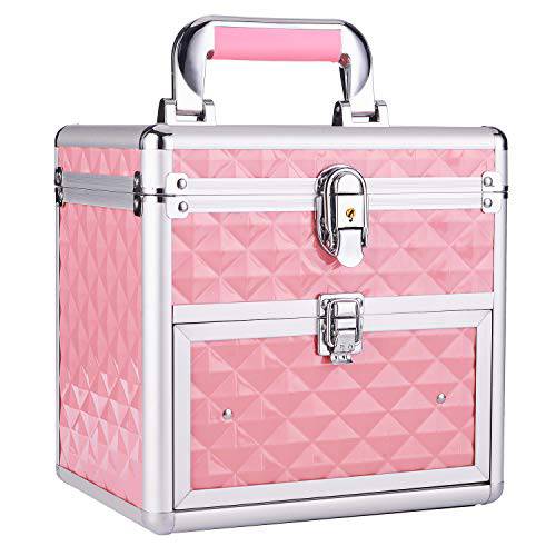 FRENESSA Makeup Box Makeup Train Case Nail Polish Cosmetic Storage Organzier Box for Makeup, Nail Tech and Artist with Mirror, Drawer and Dividers Manicure Organizer Travel Nail Kit Box - Pink