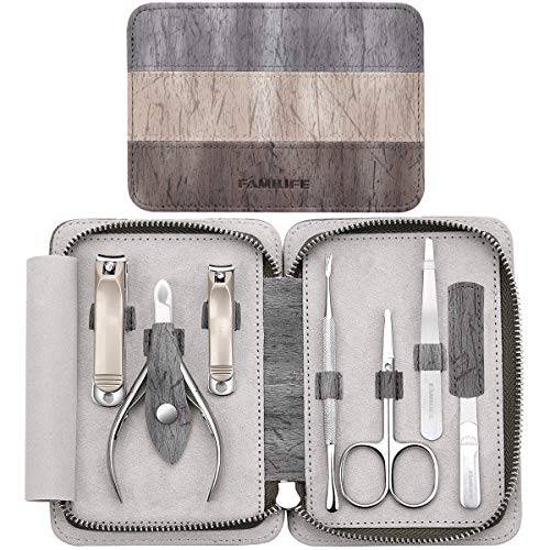 Nail Kit FAMILIFE Pedicure Kit, Manicure Set 7pcs Christmas Gifts Professional Pedicure Tools Manicure Kit Nail Clippers Mens Grooming Kit Gifts for Men Stainless Steel with Gray Leather Case Nail Set