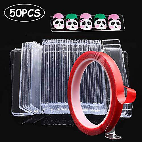 Kalolary 50PCS Transparent Nail Art Display Stand Holder with 10M Double Sided Tape, Transparent Acrylic Fake Nails Display Stand, Removable Double Sided Mounting Tape for Home,Wall,Office Decor