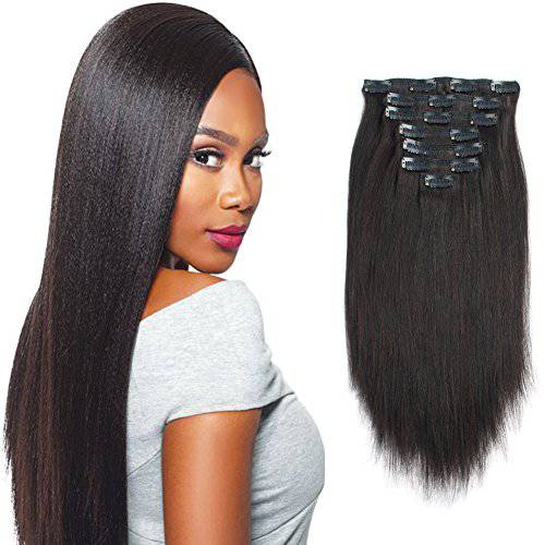 Sassina Brazilian Italian Yaki Straight Clip on Human Hair Extensions Real Remy Hair 8A Grade 14inch Clip in Hair 7 Pieces/Set 120 Grams For African American Black Women
