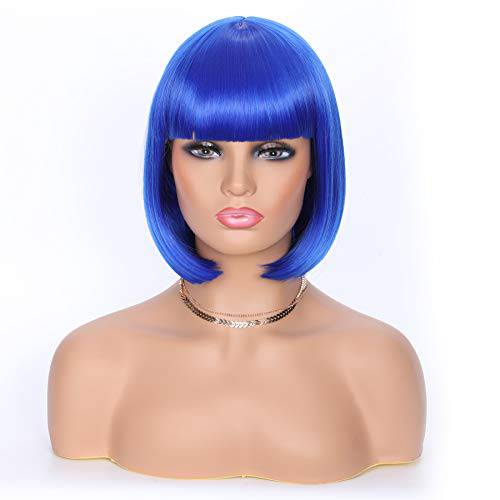 OkeBeauty Sapphire Blue Bob Wig with Bangs for Women 12 inch Short Bob Wigs Synthetic Heat Resistant Wigs colorful Straight Bob Wigs Natural Looking