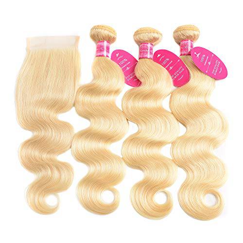 613 Blonde Bundles With Closure Brazilian Body Wave 3 Bundles With Closure Blonde Human Hair Bundles With Closure Remy Hair (12 14 16+10, 613)