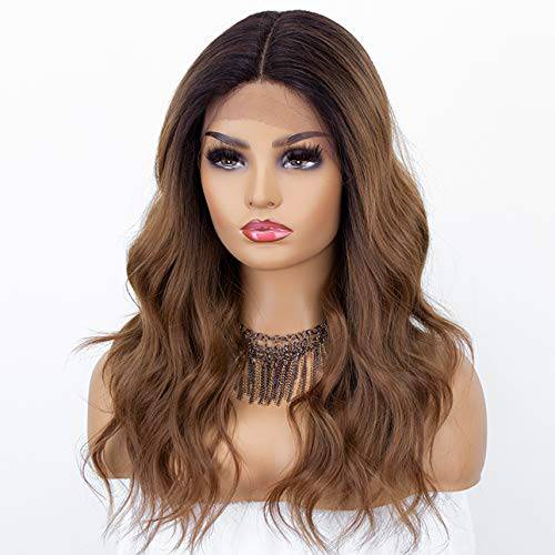 K’ryssma Brown Ombre Lace Front Wig Mix Blonde Glueless Wavy Synthetic Wig Deep Middle Part 16 Inches Long Brown Wigs for Women Heat Resistant