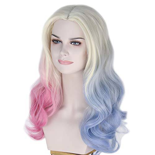 Missuhair Women’s Long Wavy 2 Dyeing Color Blonde Blue Pink Wig Halloween Costume Wig