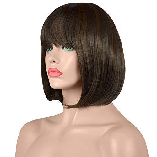 Sofeiyan Short Straight Bob Wigs 11 inch Synthetic with Bangs Daily Party Cosplay Hair Wig for Black Women, Brown with Auburn Highlights
