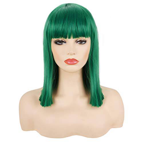 Morvally Short Straight Bob Wig Heat Resistant Hair with Blunt Bangs Natural Looking Cosplay Costume Daily Wigs (14, Green)