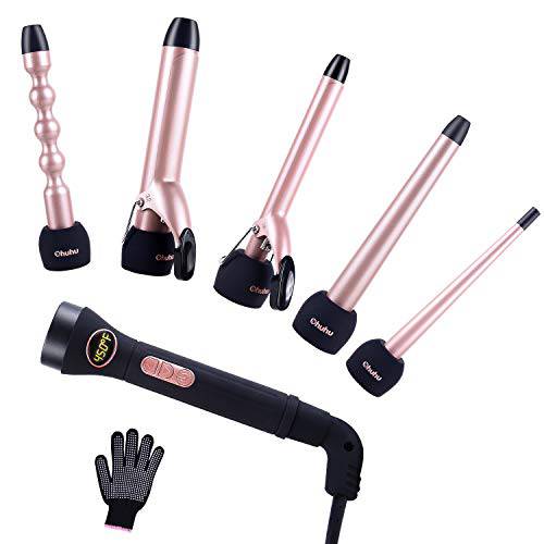 5 in 1 Curling Iron Wand Set with LCD Temperature Display, Ohuhu Instant Heat Up Hair Curler with 5Pcs 0.35 inch to 1.25 inch Interchangeable Barrel Heat Protective Glove, Rose Gold, Christmas Gift