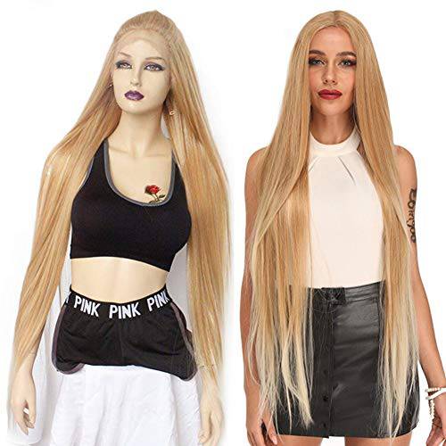Ebingoo Charming Ombre Golden Blonde Lace Front Wig Blonde Synthetic Lace Front Wig Long Straight Middle Part Balayage Wig for Women Daily Wear