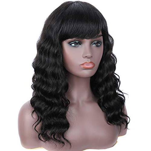 Brinbea 100% Brazilian Body Wave Human Hair Wigs 150% Density 16 inch Long Black Real Hair Wigs Human Hair Wigs with Bangs for Women