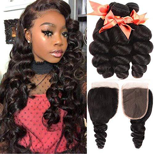 Loose Wave Bundles with Closure Brazilian Human Hair Loose Deep Wave Bundles with Closure Virgin Curly Human Hair Bundles with 4X4 Closure Free Part Hair Extensions Natural Color (12 14 16+10)