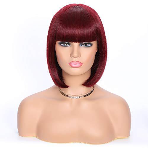 OkeBeauty Burgundy Short Bob Wig with Bangs 12 inches straight Bob Wigs for Women Synthetic Heat Resistant Wigs Cosplay Bob Wigs Wine Red (118/BUG)