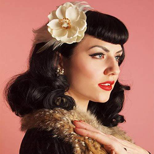 Bybrana Hair 50s wig Rockabilly Vintage Wig Wavy Black Wig With Bangs bettie page wig for Woman for Cosplay & Daily Use（14‘’）