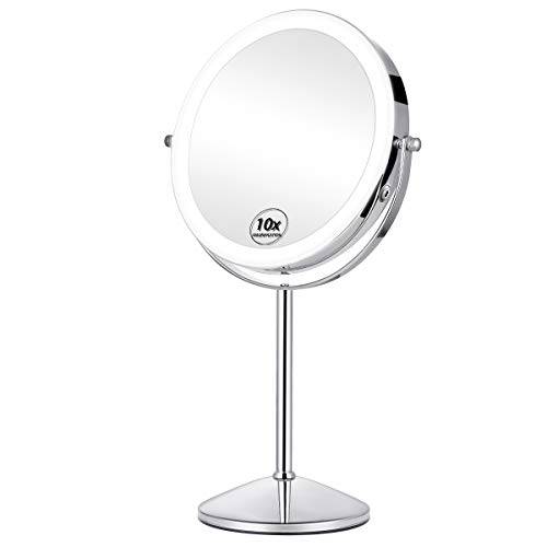 KEDSUM Rechargeable 1X/10X Lighted Magnifying Vanity Mirror, 8 Double Sided Lighted Makeup Mirrors with Magnification 3 Lighting Modes, Cosmetic Mirror with Stand, Brightness Adjustable