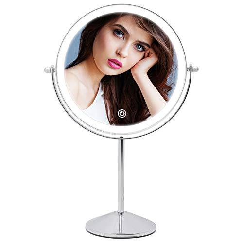 Lighted Makeup Mirror with Magnification, Rechargeable Double Sided 10X Magnifying Mirror with Light, 8 Inch Makeup Vanity Mirror with 3 Light Setting, Touch Control, Desktop Cosmetic Light Up Mirror