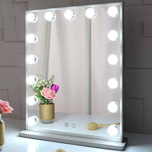 BEAUTME Vanity Mirror with Lights,Hollywood Makeup Lighted Mirror for Bedroom,Beauty Tabletop Mirror with 15 Dimmable Bulbs, Wall Mounted Lighting Mirror White