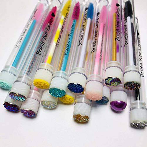 20 Pcs TEXT Disposable Mascara Brushes Diamond Eyelash Spoolies Makeup Brush Mascara Wand in Sanitary Tube Lash Supplies (Text on tube)
